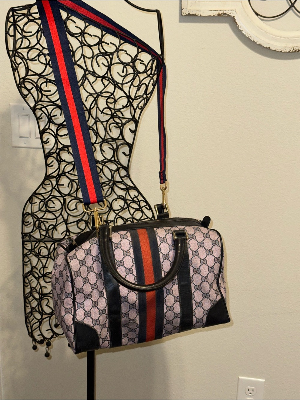 Gucci Pink GG Supreme Boston Bag with Red-Blue Stripe added unbranded strap add.